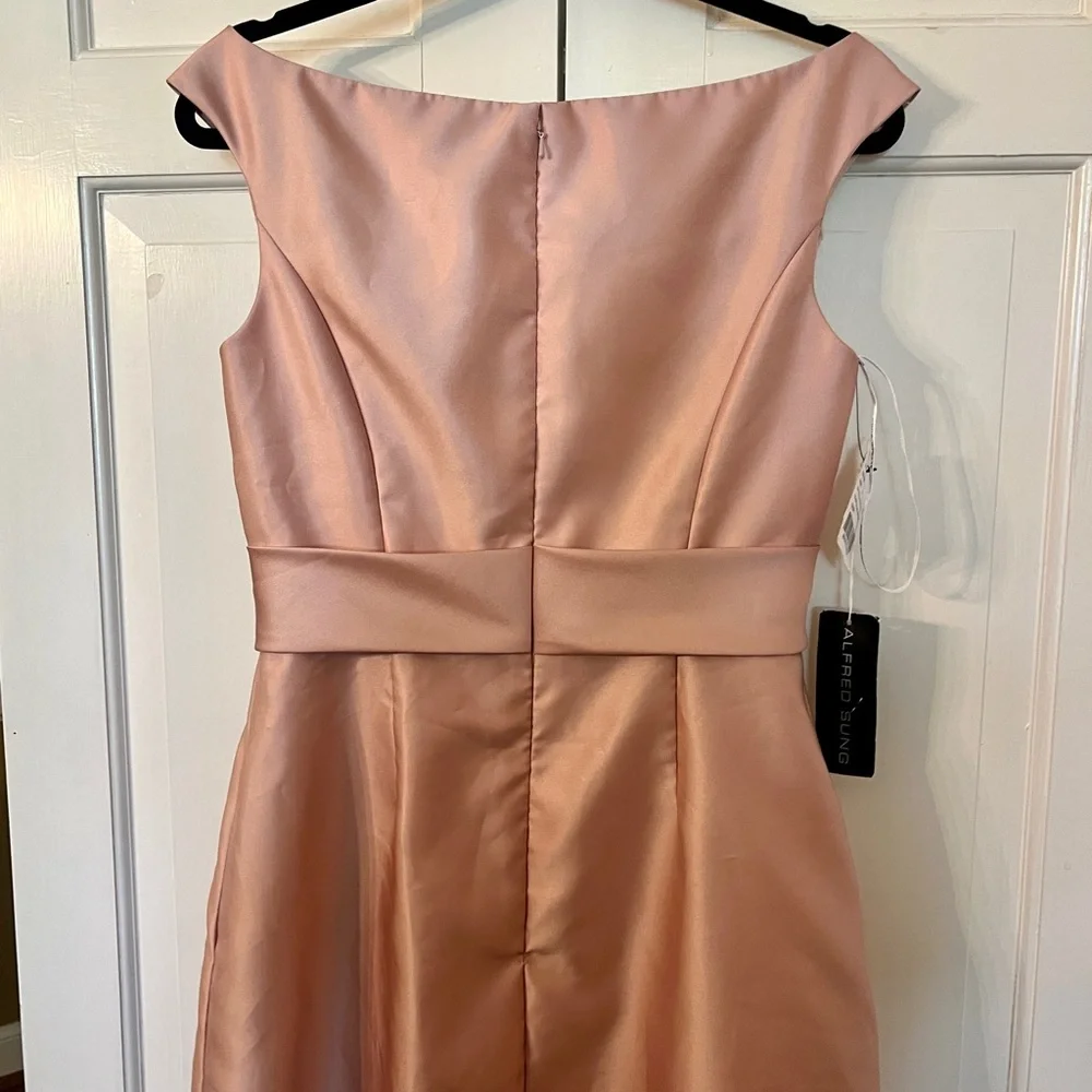 ALFRED SUNG Off-the-Shoulder Draped Wrap Satin Maxi Dress Toasted Sugar 8 AS IS - Picture 6 of 11
